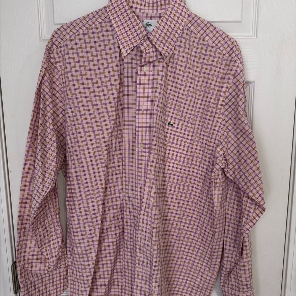 Lacoste Men's Pink and White Plaid Shirt